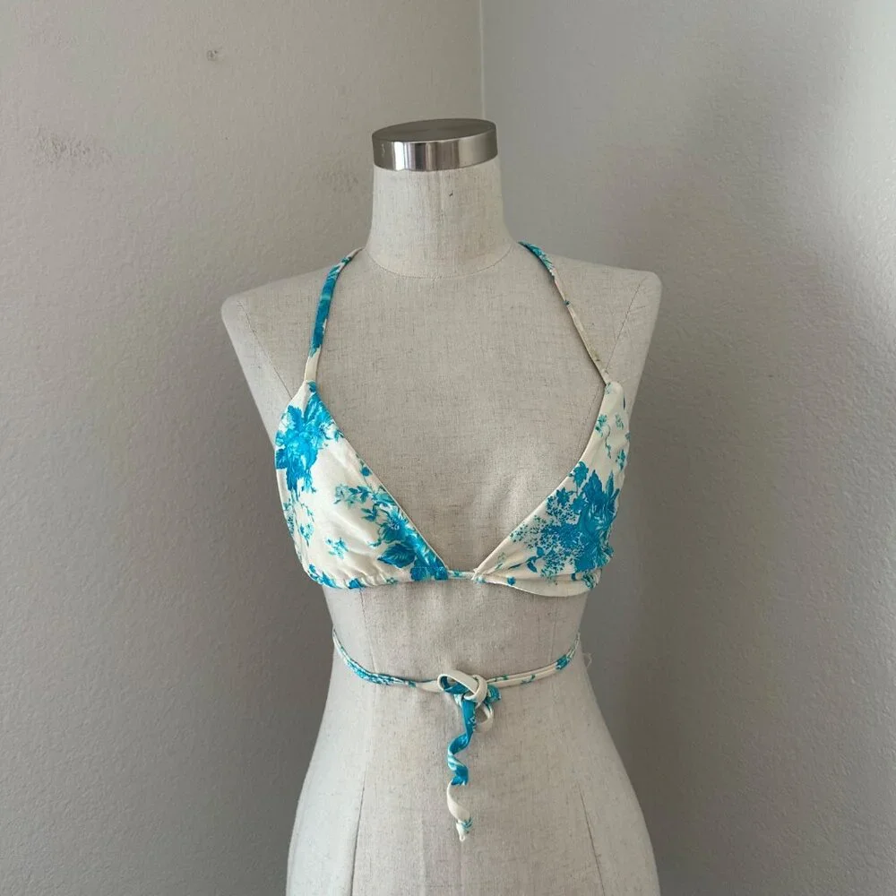 Frankies Bikinis Two Set Triangle Ruched Blue Floral Print XS